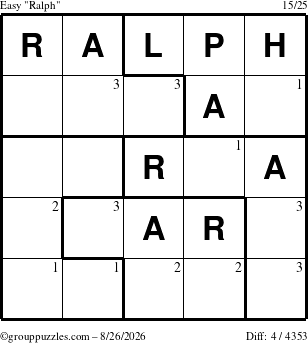The grouppuzzles.com Easy Ralph puzzle for Wednesday August 26, 2026 with the first 3 steps marked