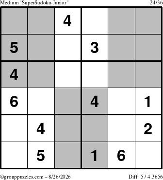 The grouppuzzles.com Medium SuperSudoku-Junior puzzle for Wednesday August 26, 2026