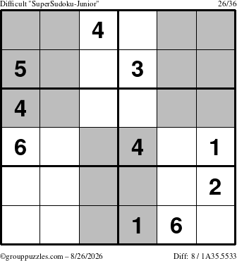 The grouppuzzles.com Difficult SuperSudoku-Junior puzzle for Wednesday August 26, 2026