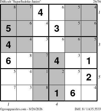 The grouppuzzles.com Difficult SuperSudoku-Junior puzzle for Wednesday August 26, 2026, suitable for printing, with all 8 steps marked