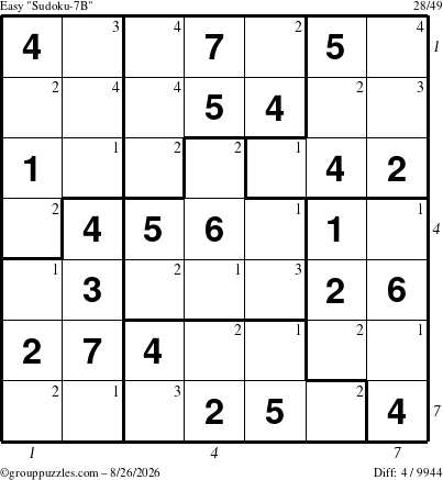 The grouppuzzles.com Easy Sudoku-7B puzzle for Wednesday August 26, 2026, suitable for printing, with all 4 steps marked