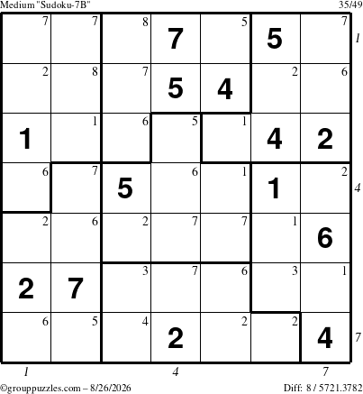 The grouppuzzles.com Medium Sudoku-7B puzzle for Wednesday August 26, 2026, suitable for printing, with all 8 steps marked