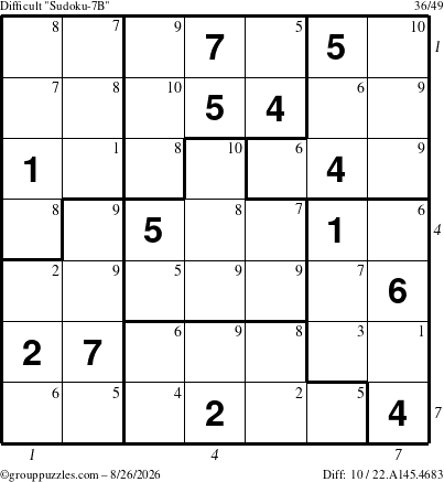 The grouppuzzles.com Difficult Sudoku-7B puzzle for Wednesday August 26, 2026 with all 10 steps marked