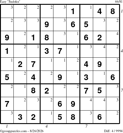 The grouppuzzles.com Easy Sudoku puzzle for Wednesday August 26, 2026 with all 4 steps marked