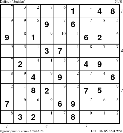 The grouppuzzles.com Difficult Sudoku puzzle for Wednesday August 26, 2026 with all 10 steps marked