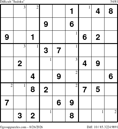 The grouppuzzles.com Difficult Sudoku puzzle for Wednesday August 26, 2026 with the first 3 steps marked