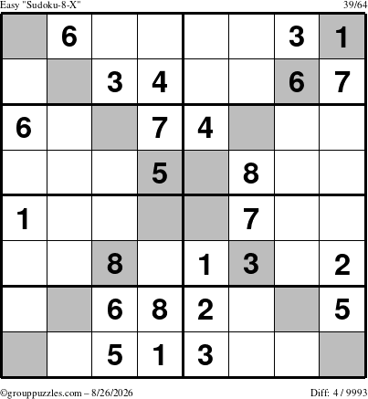 The grouppuzzles.com Easy Sudoku-8-X puzzle for Wednesday August 26, 2026