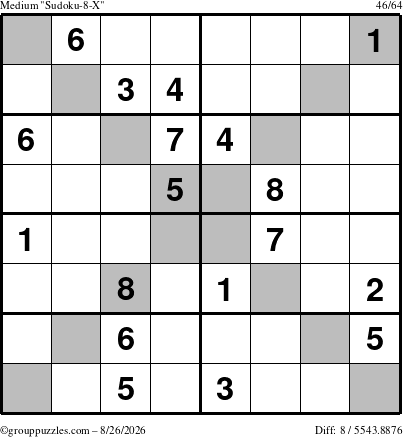 The grouppuzzles.com Medium Sudoku-8-X puzzle for Wednesday August 26, 2026