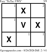 The grouppuzzles.com Easy TicTac-VWX puzzle for Wednesday August 26, 2026 with the first 2 steps marked