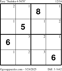 The grouppuzzles.com Easy Sudoku-4-5678 puzzle for Monday March 24, 2025 with the first 3 steps marked