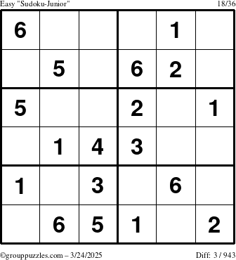 The grouppuzzles.com Easy Sudoku-Junior puzzle for Monday March 24, 2025