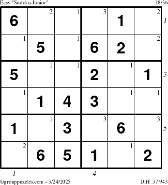 The grouppuzzles.com Easy Sudoku-Junior puzzle for Monday March 24, 2025, suitable for printing, with all 3 steps marked