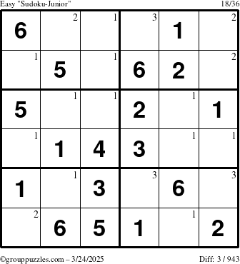 The grouppuzzles.com Easy Sudoku-Junior puzzle for Monday March 24, 2025 with the first 3 steps marked