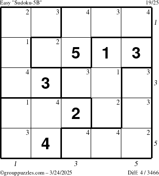 The grouppuzzles.com Easy Sudoku-5B puzzle for Monday March 24, 2025, suitable for printing, with all 4 steps marked