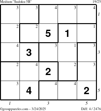 The grouppuzzles.com Medium Sudoku-5B puzzle for Monday March 24, 2025, suitable for printing, with all 4 steps marked