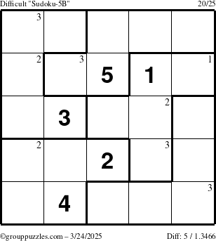 The grouppuzzles.com Difficult Sudoku-5B puzzle for Monday March 24, 2025 with the first 3 steps marked