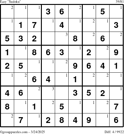 The grouppuzzles.com Easy Sudoku puzzle for Monday March 24, 2025 with the first 3 steps marked
