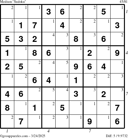 The grouppuzzles.com Medium Sudoku puzzle for Monday March 24, 2025 with all 5 steps marked