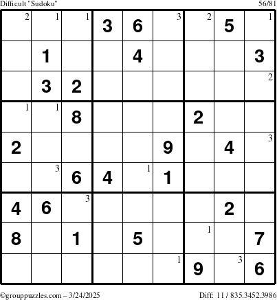The grouppuzzles.com Difficult Sudoku puzzle for Monday March 24, 2025 with the first 3 steps marked