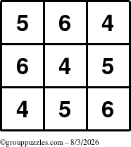 The grouppuzzles.com Answer grid for the TicTac-456 puzzle for Monday August 3, 2026
