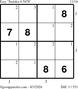 The grouppuzzles.com Easy Sudoku-4-5678 puzzle for Monday August 3, 2026 with all 3 steps marked