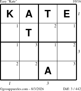 The grouppuzzles.com Easy Kate puzzle for Monday August 3, 2026, suitable for printing, with all 3 steps marked