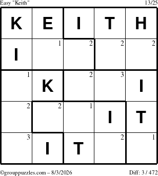 The grouppuzzles.com Easy Keith puzzle for Monday August 3, 2026 with the first 3 steps marked