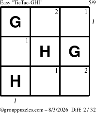 The grouppuzzles.com Easy TicTac-GHI puzzle for Monday August 3, 2026, suitable for printing, with all 2 steps marked