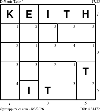 The grouppuzzles.com Difficult Keith puzzle for Monday August 3, 2026, suitable for printing, with all 4 steps marked