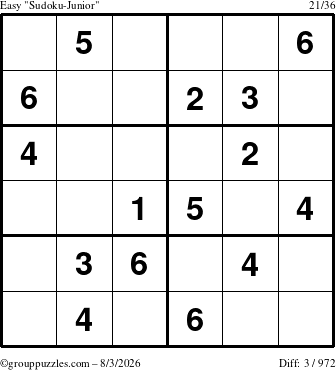 The grouppuzzles.com Easy Sudoku-Junior puzzle for Monday August 3, 2026