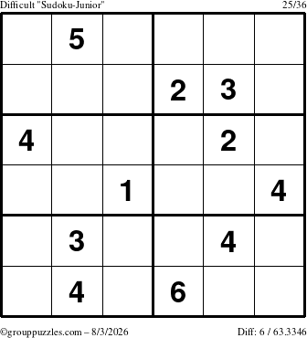 The grouppuzzles.com Difficult Sudoku-Junior puzzle for Monday August 3, 2026