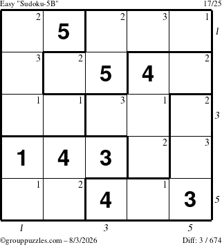 The grouppuzzles.com Easy Sudoku-5B puzzle for Monday August 3, 2026, suitable for printing, with all 3 steps marked