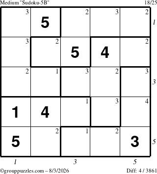 The grouppuzzles.com Medium Sudoku-5B puzzle for Monday August 3, 2026, suitable for printing, with all 4 steps marked
