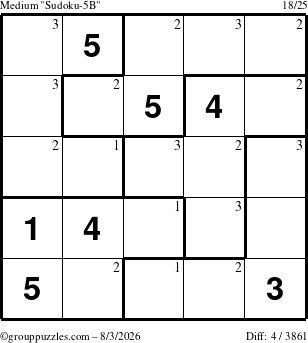 The grouppuzzles.com Medium Sudoku-5B puzzle for Monday August 3, 2026 with the first 3 steps marked
