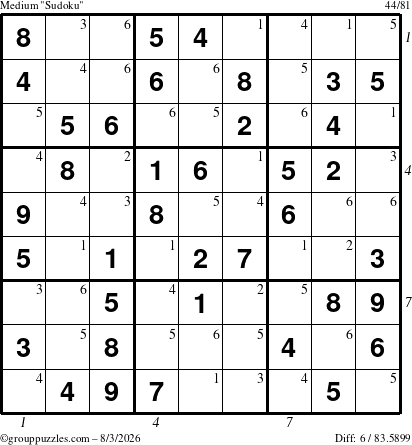The grouppuzzles.com Medium Sudoku puzzle for Monday August 3, 2026, suitable for printing, with all 6 steps marked