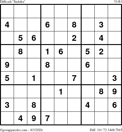 The grouppuzzles.com Difficult Sudoku puzzle for Monday August 3, 2026