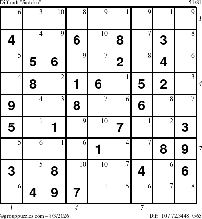 The grouppuzzles.com Difficult Sudoku puzzle for Monday August 3, 2026, suitable for printing, with all 10 steps marked