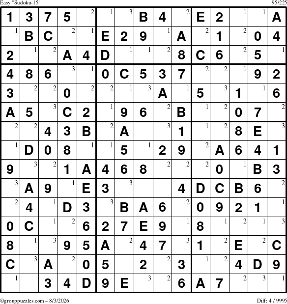 The grouppuzzles.com Easy Sudoku-15 puzzle for Monday August 3, 2026 with the first 3 steps marked