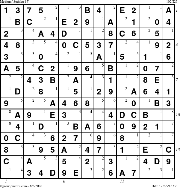 The grouppuzzles.com Medium Sudoku-15 puzzle for Monday August 3, 2026, suitable for printing, with all 8 steps marked