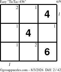 The grouppuzzles.com Easy TicTac-456 puzzle for Monday August 3, 2026, suitable for printing, with all 2 steps marked