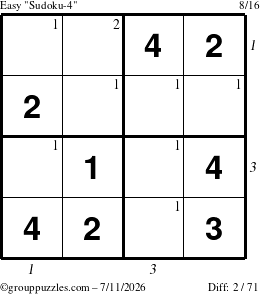 The grouppuzzles.com Easy Sudoku-4 puzzle for Saturday July 11, 2026 with all 2 steps marked