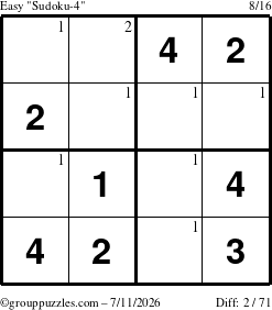 The grouppuzzles.com Easy Sudoku-4 puzzle for Saturday July 11, 2026 with the first 2 steps marked