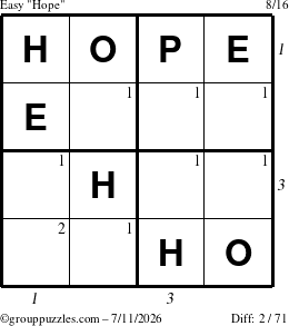 The grouppuzzles.com Easy Hope puzzle for Saturday July 11, 2026 with all 2 steps marked