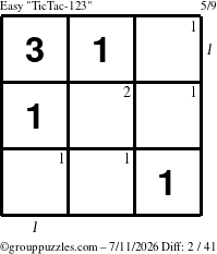 The grouppuzzles.com Easy TicTac-123 puzzle for Saturday July 11, 2026 with all 2 steps marked