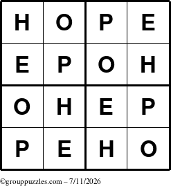 The grouppuzzles.com Answer grid for the Hope puzzle for Saturday July 11, 2026