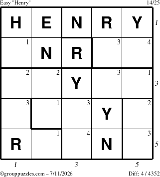 The grouppuzzles.com Easy Henry puzzle for Saturday July 11, 2026 with all 4 steps marked