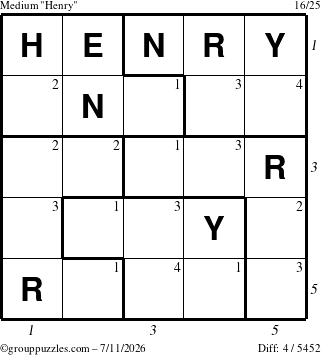 The grouppuzzles.com Medium Henry puzzle for Saturday July 11, 2026 with all 4 steps marked