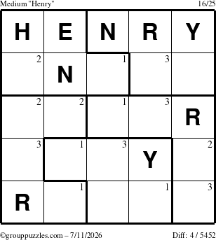 The grouppuzzles.com Medium Henry puzzle for Saturday July 11, 2026 with the first 3 steps marked