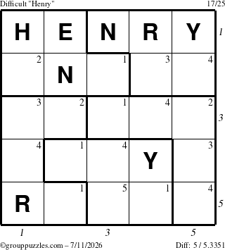 The grouppuzzles.com Difficult Henry puzzle for Saturday July 11, 2026, suitable for printing, with all 5 steps marked