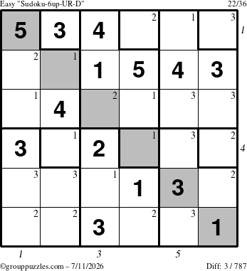 The grouppuzzles.com Easy Sudoku-6up-UR-D puzzle for Saturday July 11, 2026, suitable for printing, with all 3 steps marked